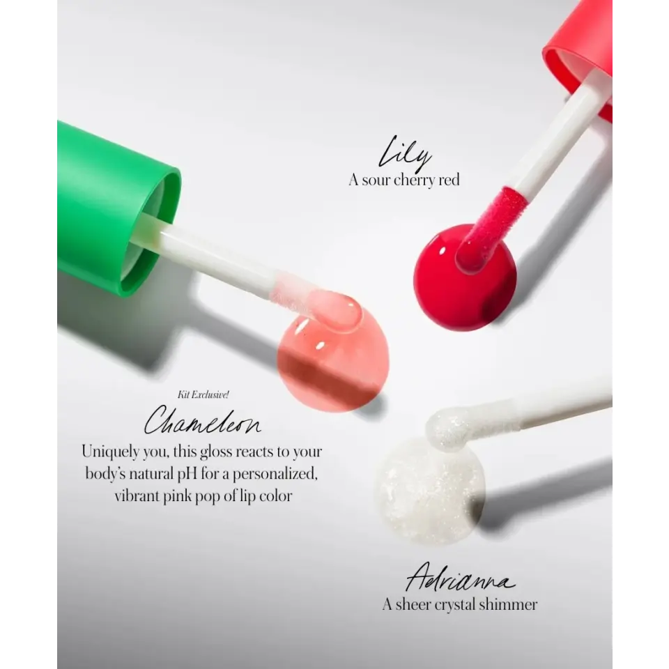Three lip glosses: Chameleon pink, Lily red, Adrianna crystal shimmer.