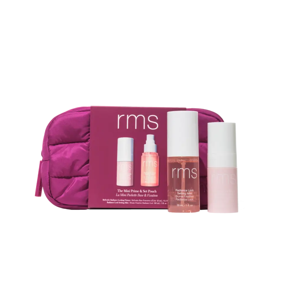 RMS Mini Prime & Set Punch kit with pink pouch and two skincare bottles.