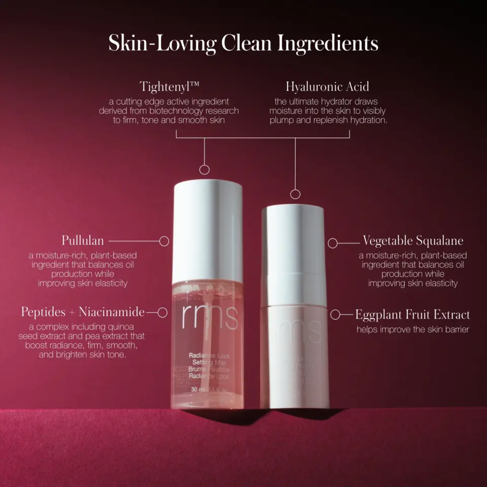 Two skincare bottles with ingredients: Tightenyl, Hyaluronic Acid, Pullulan, Peptides, Squalane.