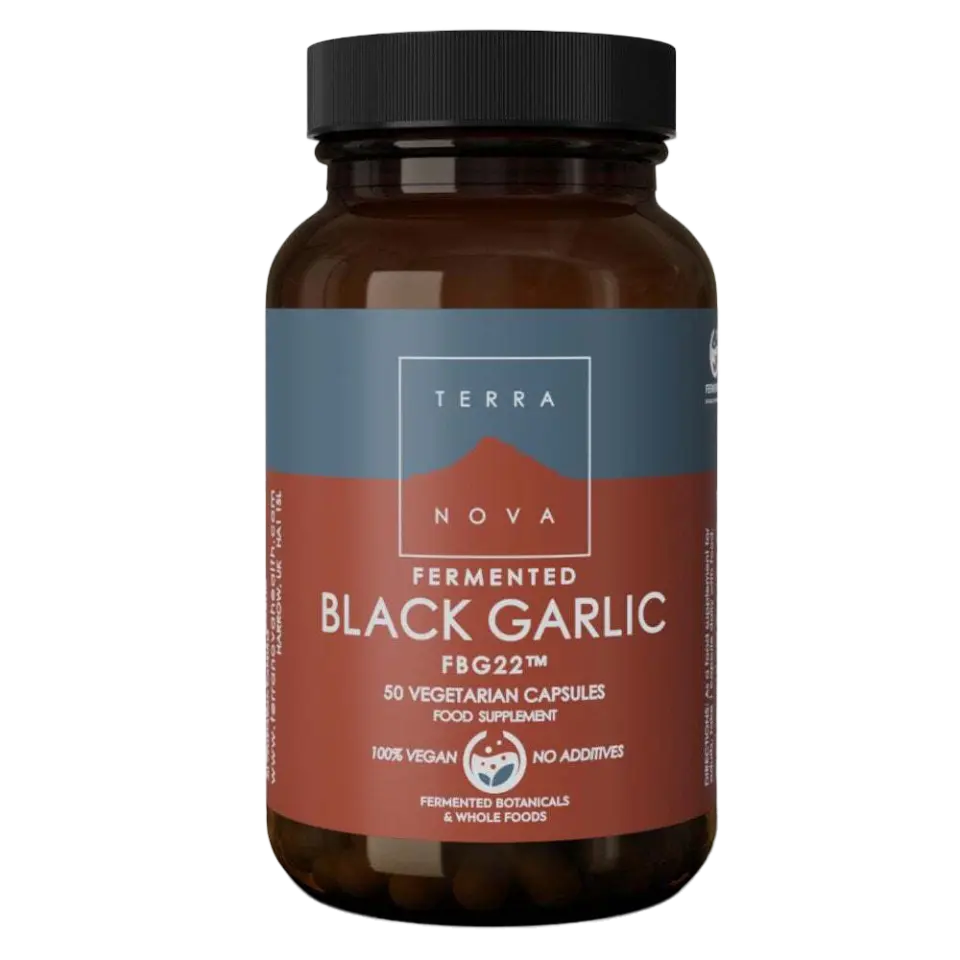 Brown bottle of Terra Nova Fermented Black Garlic capsules, 50 vegetarian, vegan, no additives.