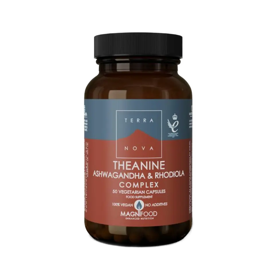 Terranova Theanine Ashwagandha & Rhodiola Complex, 50 vegan capsules, brown bottle.