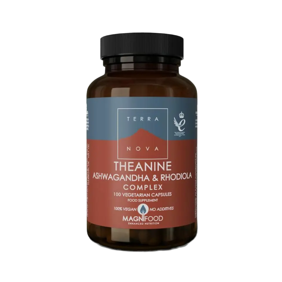 Terranova Theanine Ashwagandha & Rhodiola Complex, 100 vegetarian capsules, vegan, no additives.