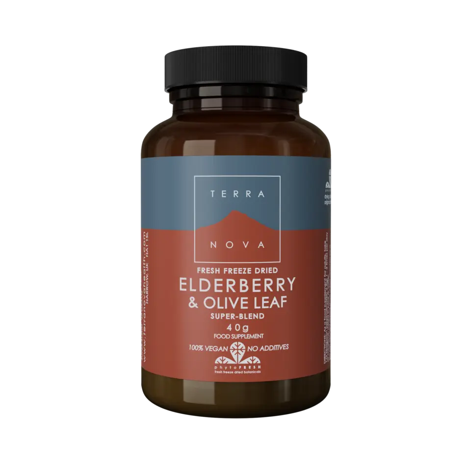 Terranova Elderberry & Olive Leaf supplement, 40g, vegan, no additives.