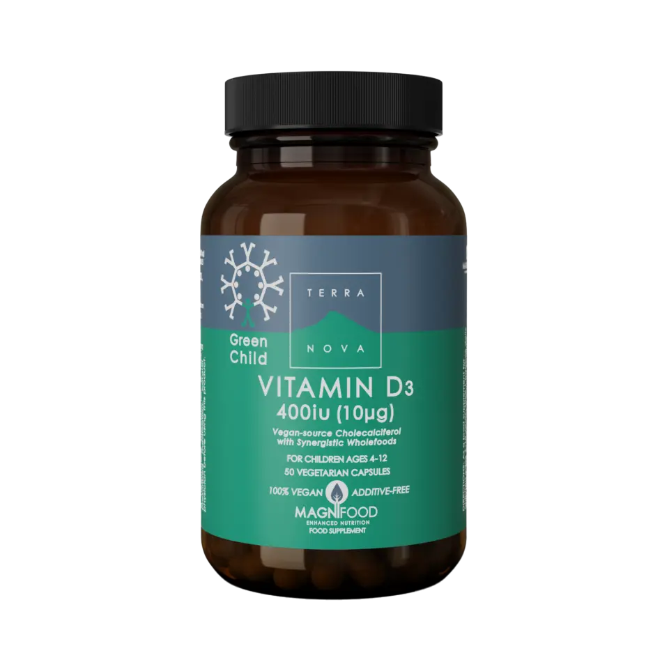 Terranova Green Child Vitamin D3, 400iu, 50 vegan capsules for ages 4-12.