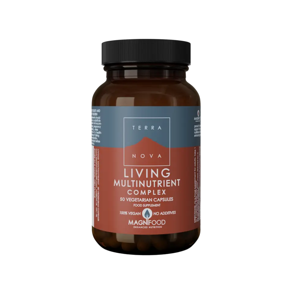 Brown bottle of Terranova Living Multinutrient Complex, 50 vegetarian capsules.