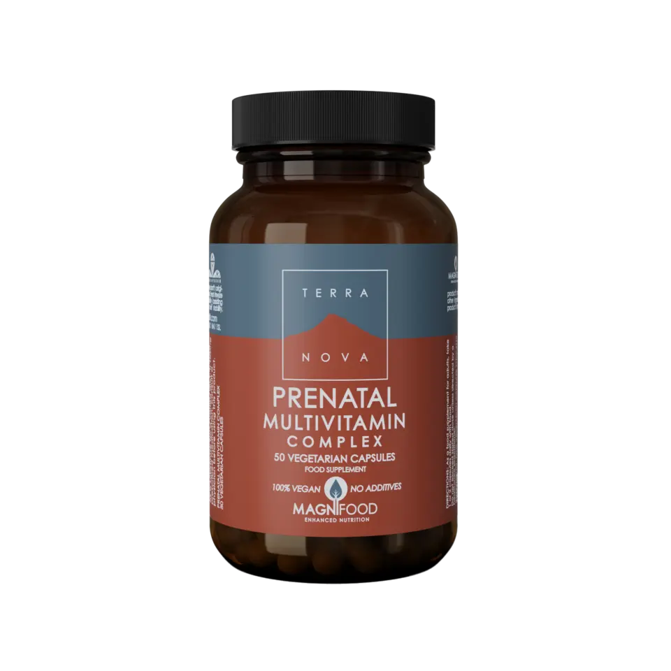 Prenatal multivitamin complex bottle, 50 vegetarian capsules, vegan, no additives.