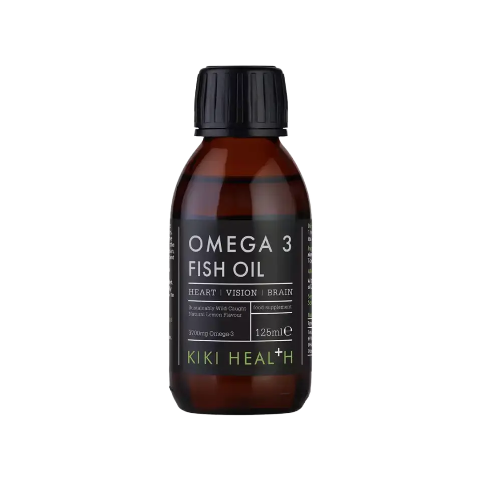 Omega 3 Fish Oil bottle, 125ml, by Kiki Health. For heart, vision, brain. Natural lemon flavour.