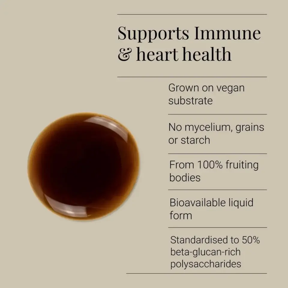 Supports immune and heart health. Liquid form, vegan substrate, no grains, 100% fruiting bodies.