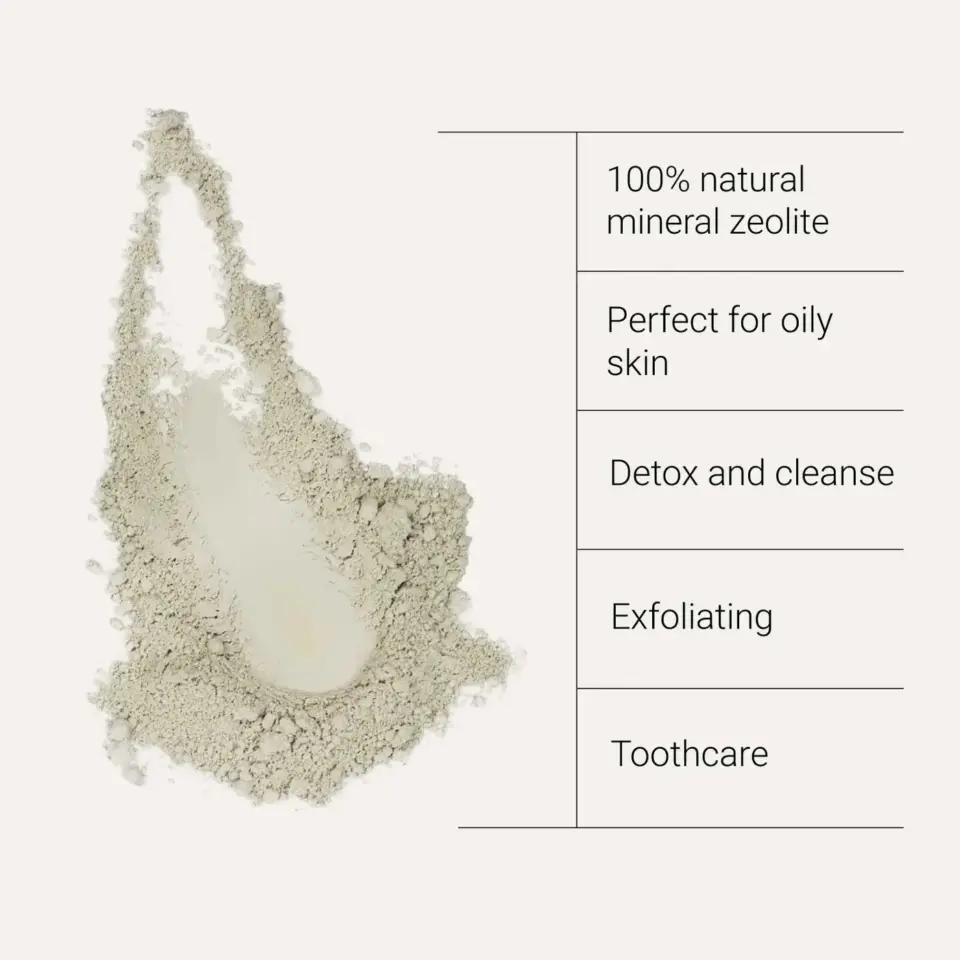 Zeolite powder with benefits: oily skin, detox, exfoliating, toothcare.