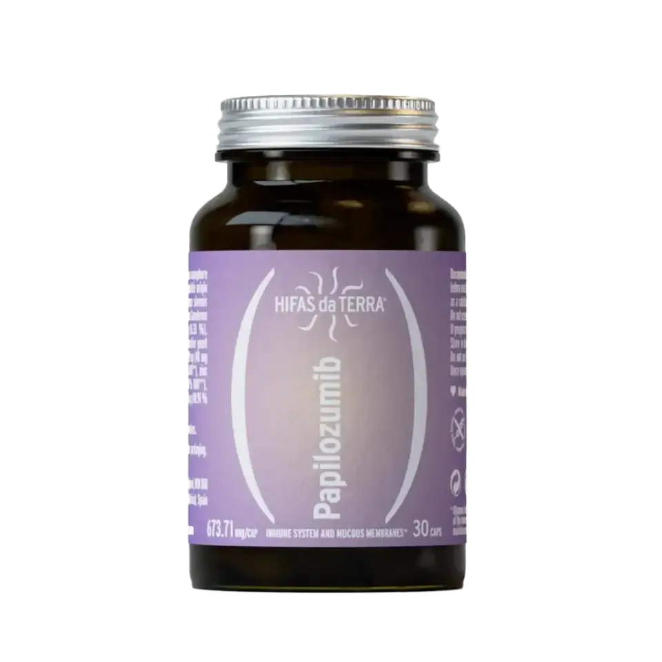 Brown bottle with purple label, "Hifas da Terra Papilozumib", 30 capsules, 673.71 mg/cap.
