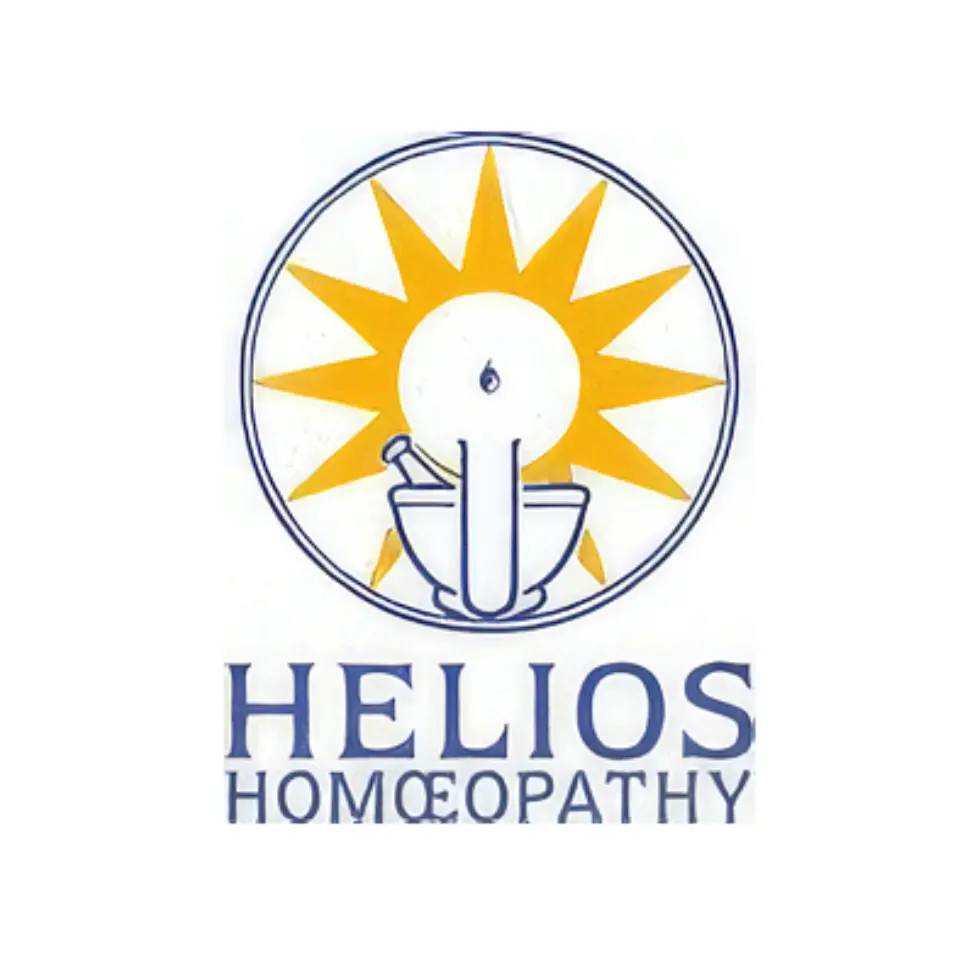 Sun and mortar logo with text: Helios Homœopathy.