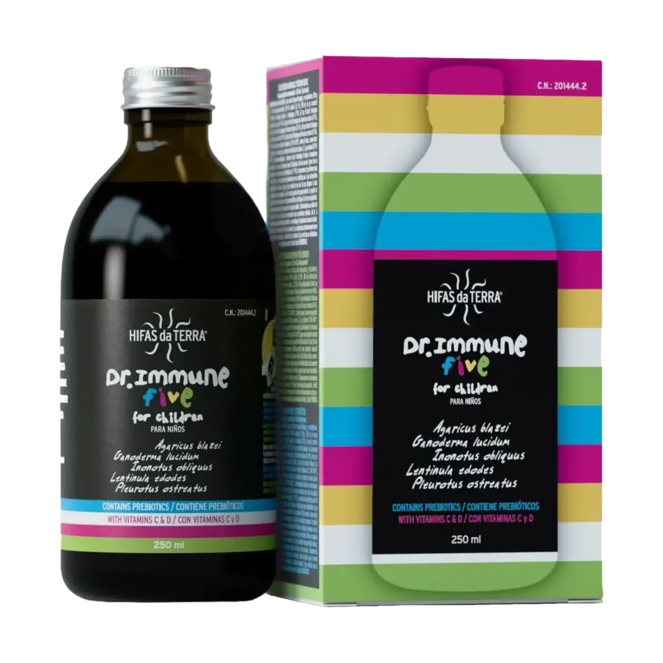 Dr. Immune Five for children, 250ml bottle and box with colourful stripes. Contains prebiotics.