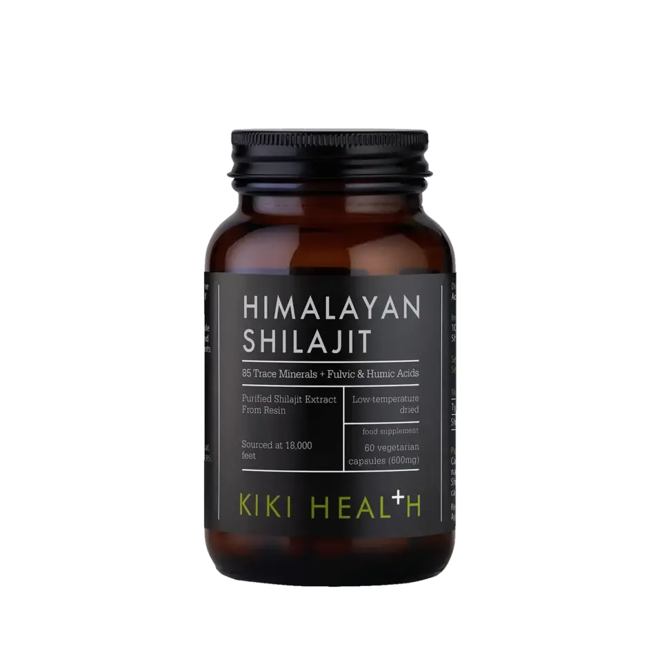 Himalayan Shilajit jar by Kiki Health, 60 vegetarian capsules, 600mg each.