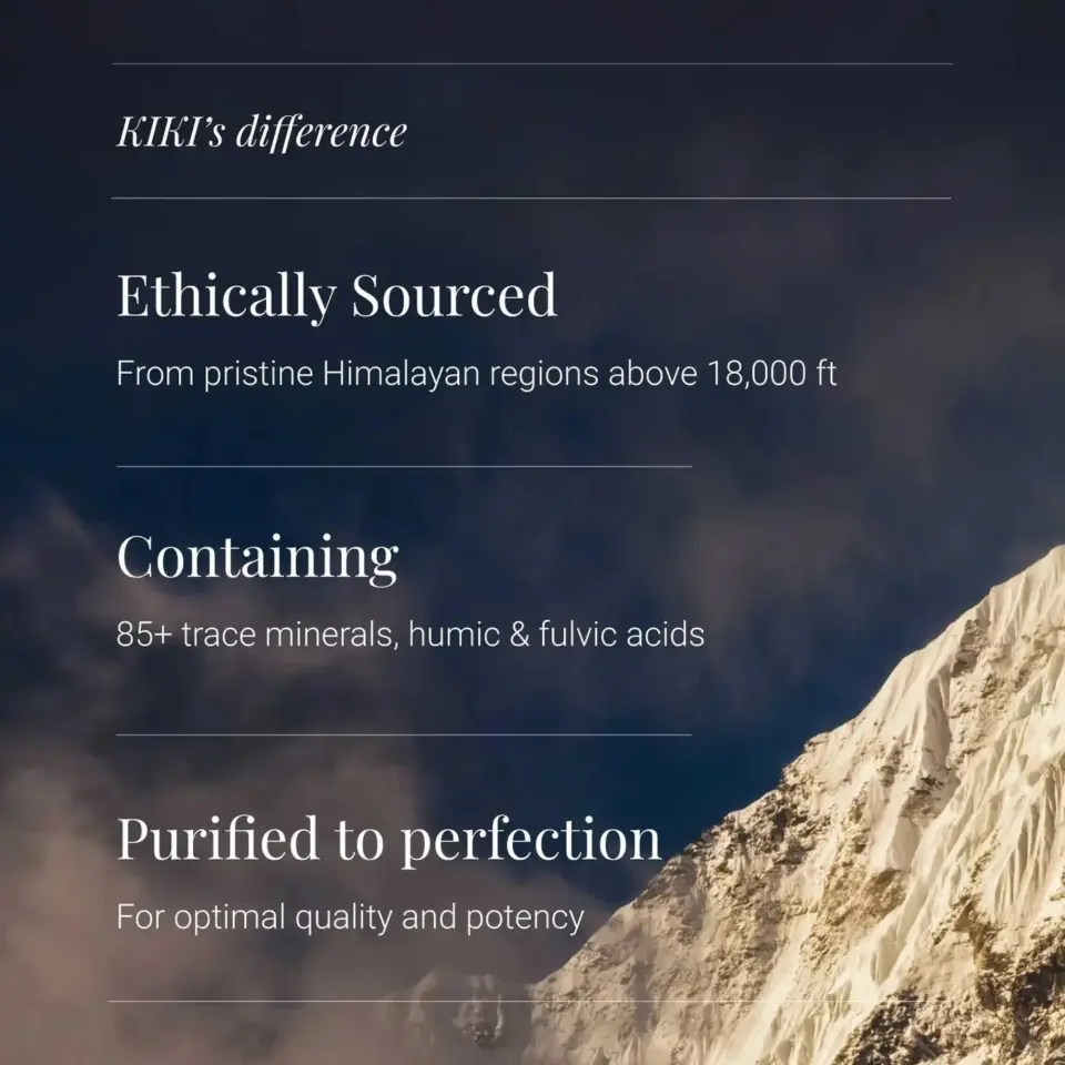 Text: Ethically sourced from Himalayan regions. Contains 85+ minerals. Purified for quality.