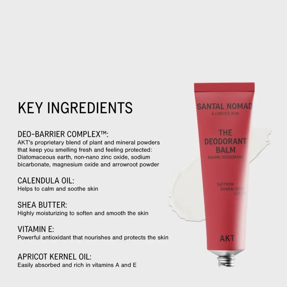 Red tube of Santal Nomad Deodorant Balm with key ingredients listed on the left.