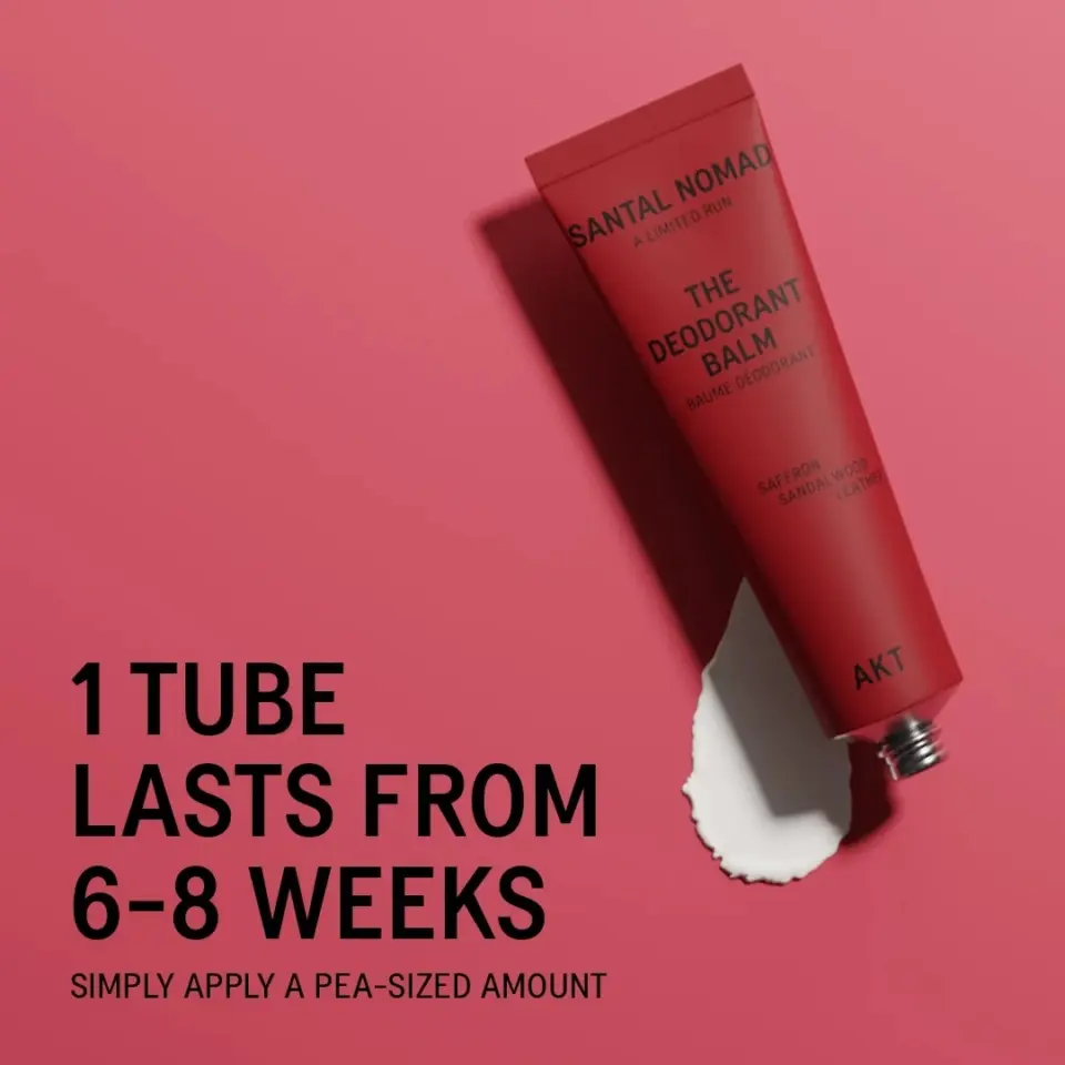 Red deodorant balm tube on pink background. Text: "1 tube lasts from 6-8 weeks.