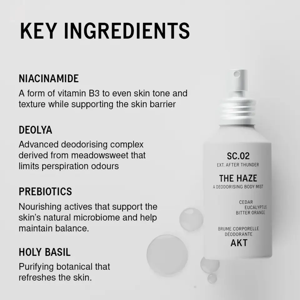 Key ingredients list with deodorising body mist bottle on the right.