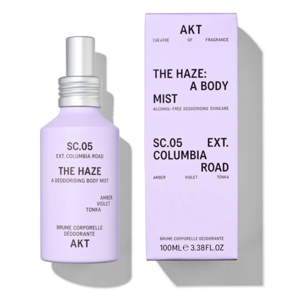 AKT The Haze body mist bottle and box, 100ml, violet, amber, tonka scent.