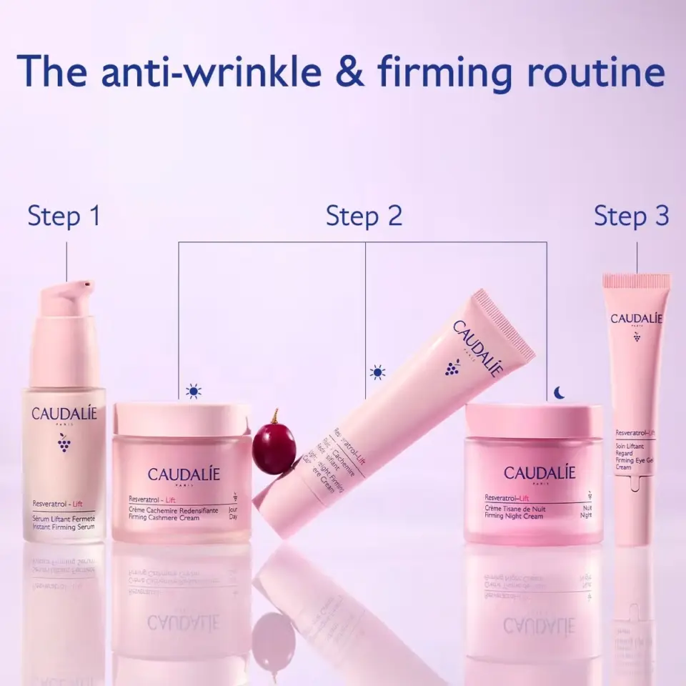 Caudalie anti-wrinkle routine with serum, creams, and eye gel in three steps.