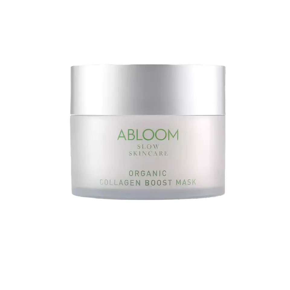 Abloom Organic Collagen Boost Mask in a white jar with green text.