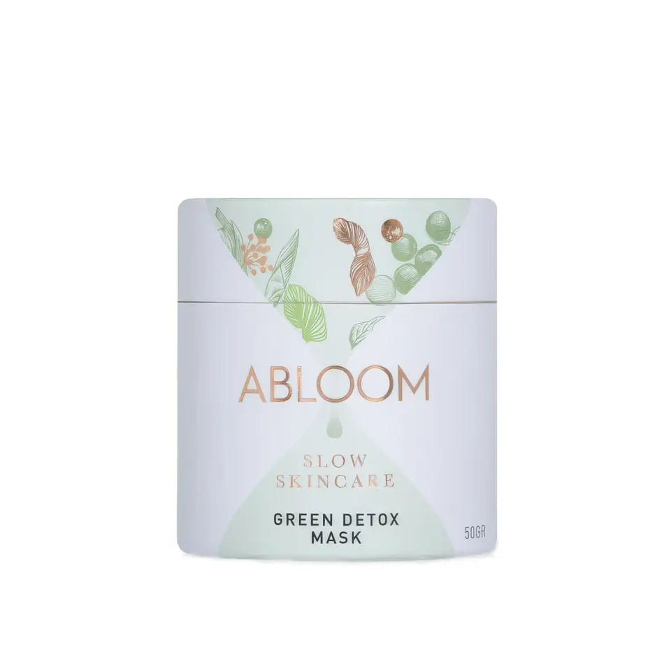 Abloom Green Detox Mask, 50g, with botanical design on packaging.