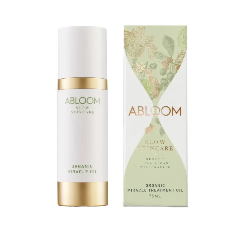Abloom Slow Skincare Organic Miracle Oil bottle and box, 75ml.
