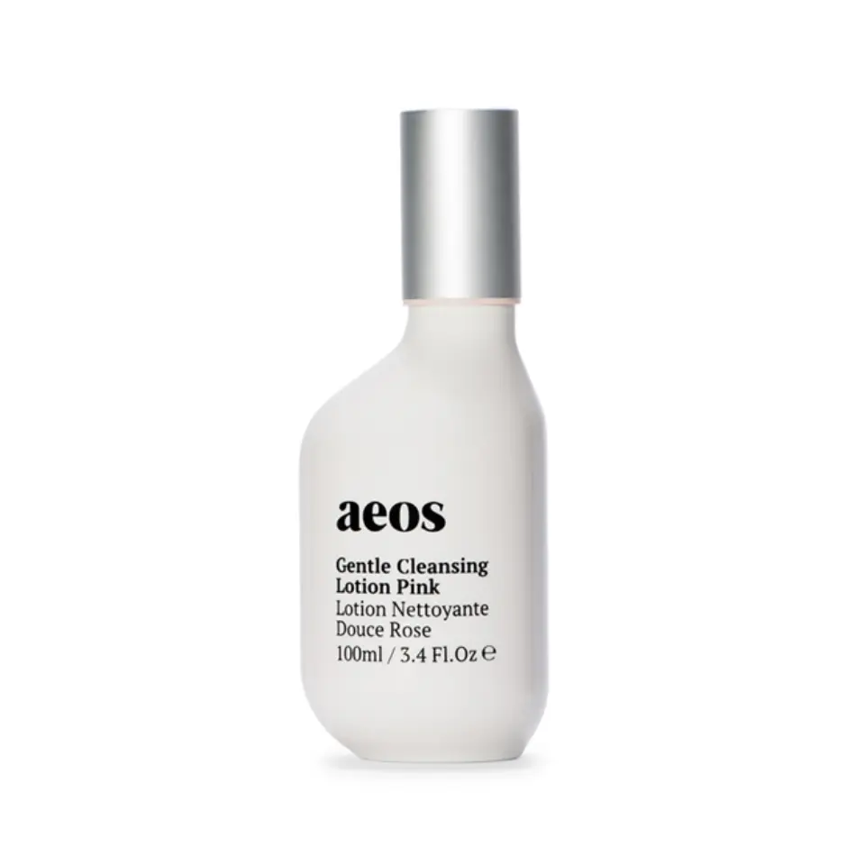 White bottle of aeos Gentle Cleansing Lotion Pink, 100ml, with silver cap.