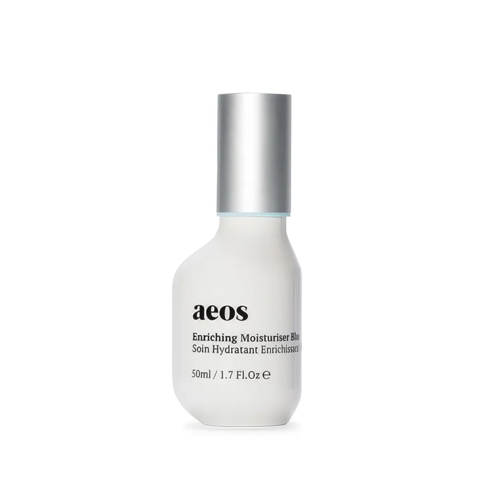 Aeos Enriching Moisturiser Blue, 50ml bottle with silver cap.