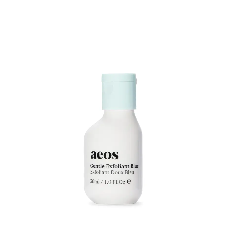 White bottle with blue cap labelled "aeos Gentle Exfoliant Blue, 30ml".