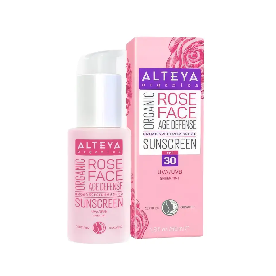 Alteya Organics Rose Face Sunscreen SPF 30, 50ml bottle and box with rose design.