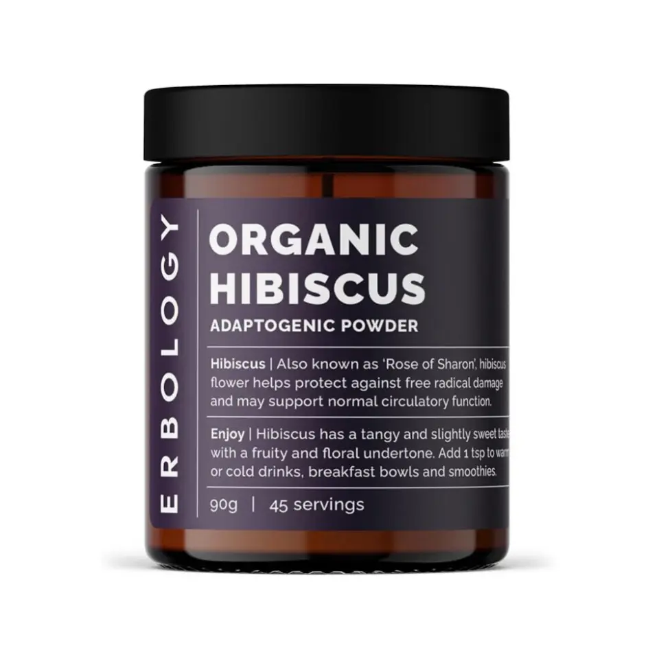 Erbology Organic Hibiscus Adaptogenic Powder, 90g jar, 45 servings.