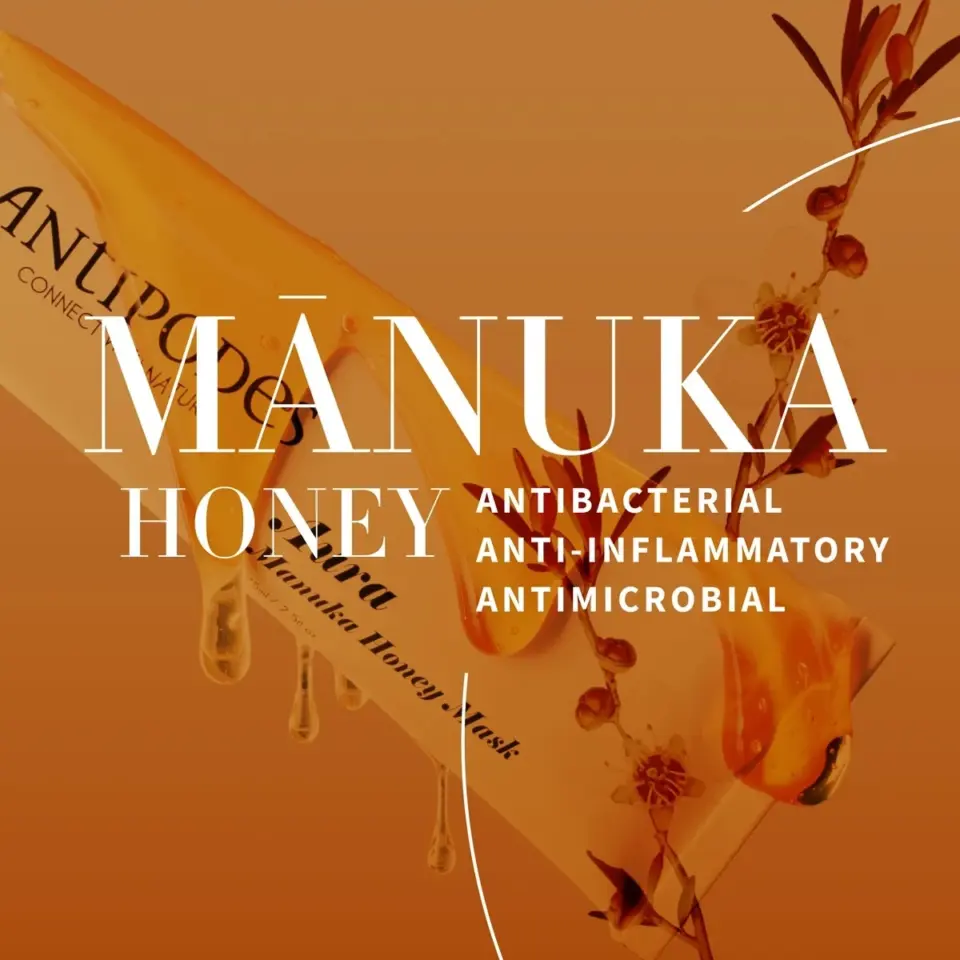 Manuka honey mask with antibacterial, anti-inflammatory, antimicrobial text on orange background.