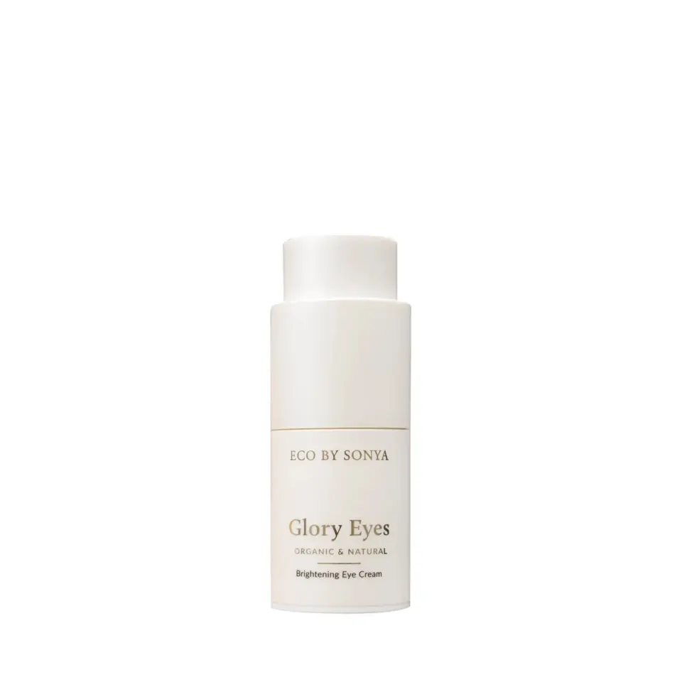 White bottle of Eco by Sonya Glory Eyes brightening eye cream.