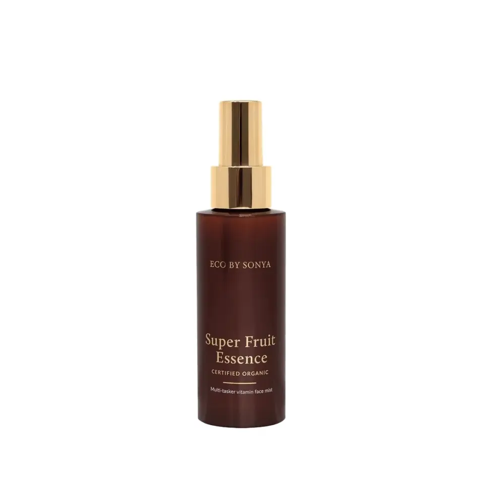 Brown bottle with gold cap labelled "Eco by Sonya Super Fruit Essence".