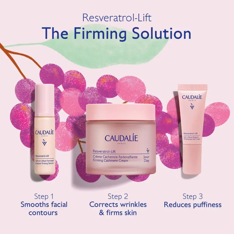 Caudalie Resveratrol-Lift products with steps: smooths contours, corrects wrinkles, reduces puffiness.