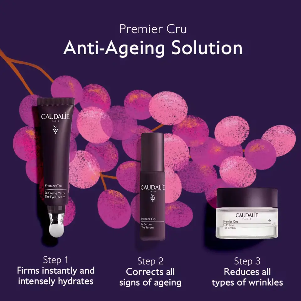 Caudalie Premier Cru anti-ageing products with grape background. Steps: firm, correct, reduce wrinkles.