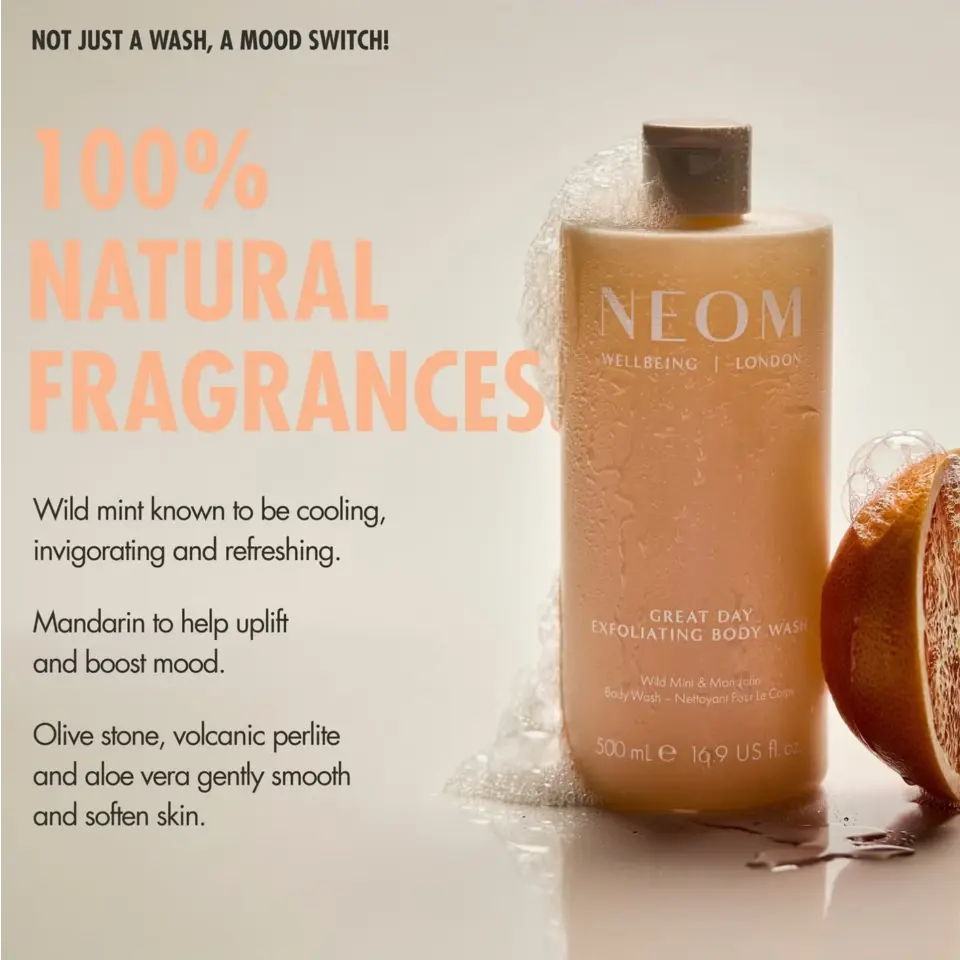 NEOM body wash with natural fragrances, wild mint, mandarin, olive stone, and aloe vera.