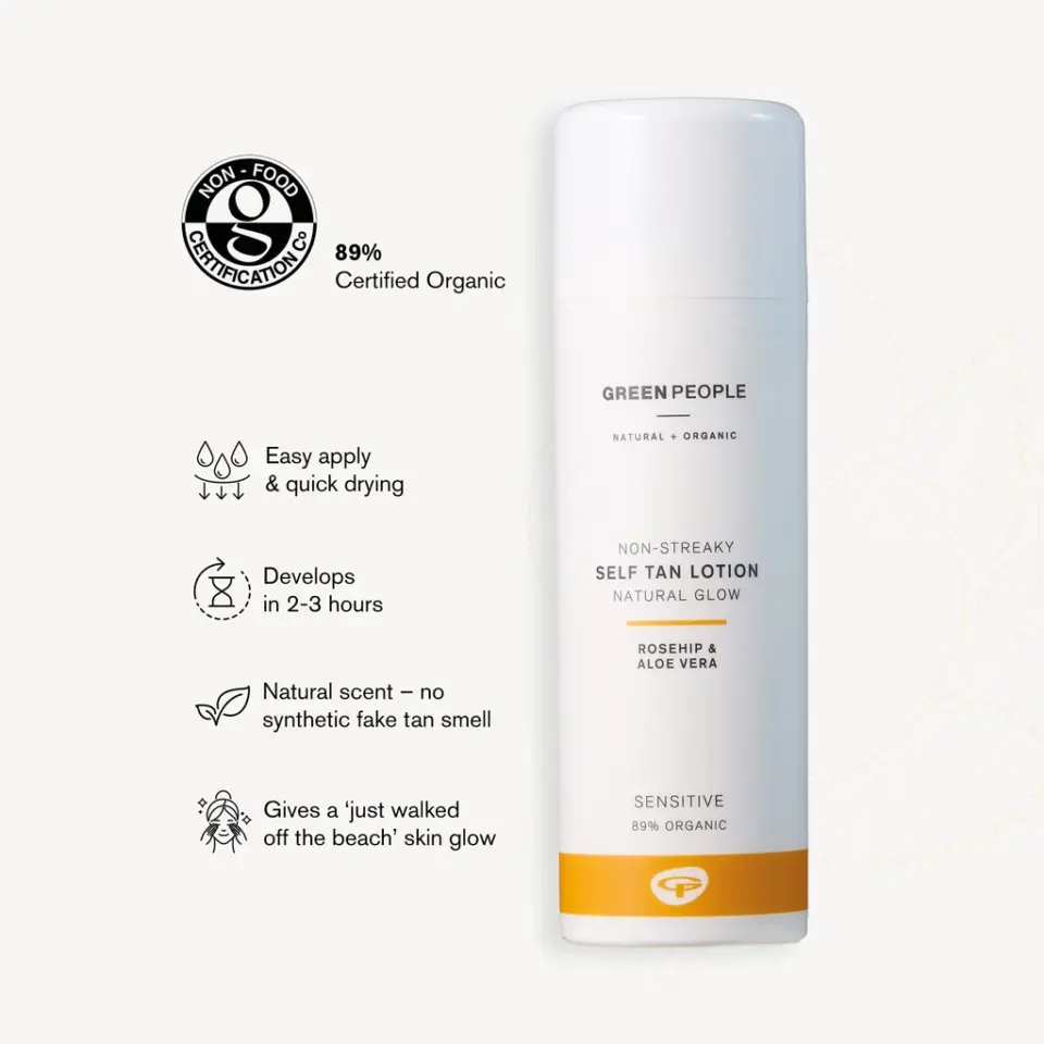 Green People self-tan lotion with rosehip and aloe vera. 89% certified organic.