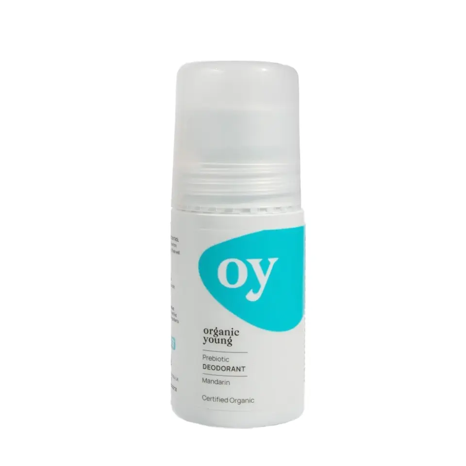 Oy organic young prebiotic deodorant, mandarin scent, certified organic.