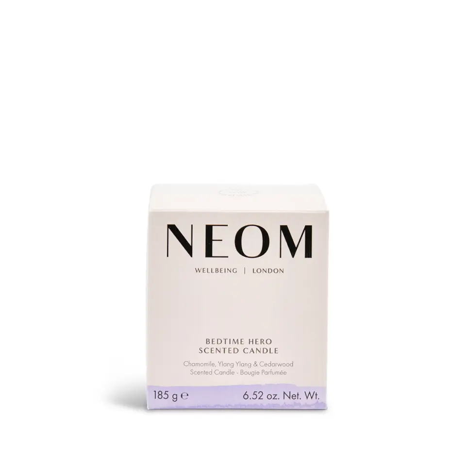 NEOM Bedtime Hero scented candle box, 185g, chamomile, ylang ylang, cedarwood.