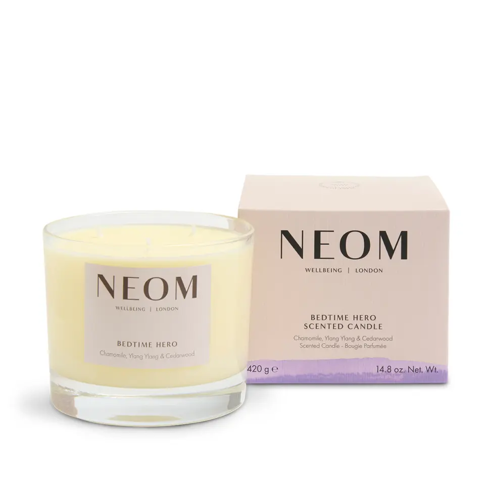 NEOM Bedtime Hero candle with box, chamomile, ylang ylang, cedarwood scent, 420g.