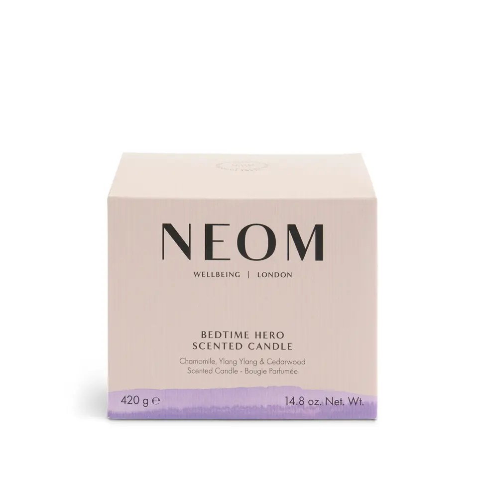 NEOM Bedtime Hero scented candle box, 420g, chamomile, ylang ylang, cedarwood.