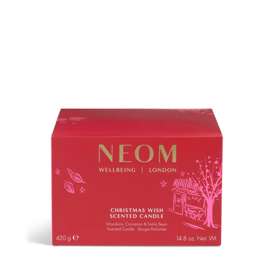 Red box of NEOM Christmas Wish scented candle, 420g, with festive design.