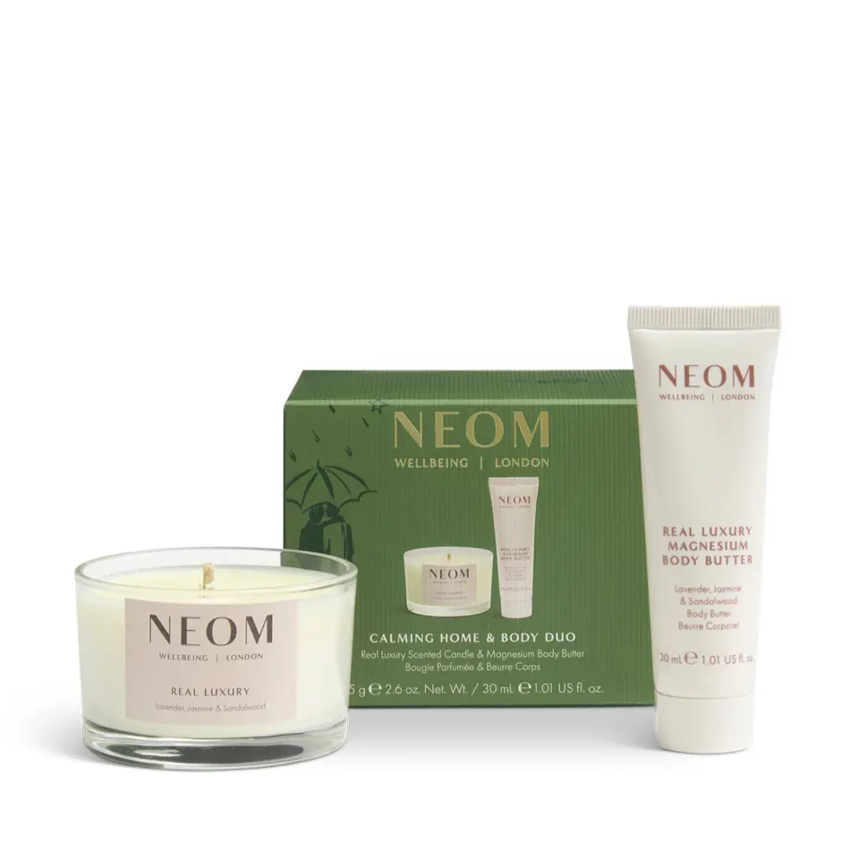 NEOM Calming Home & Body Duo with candle and body butter in green packaging.