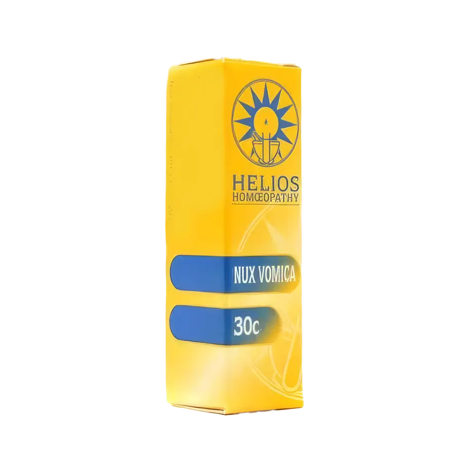 Yellow Helios Homoeopathy box labelled "Nux Vomica 30c" with a sun logo.