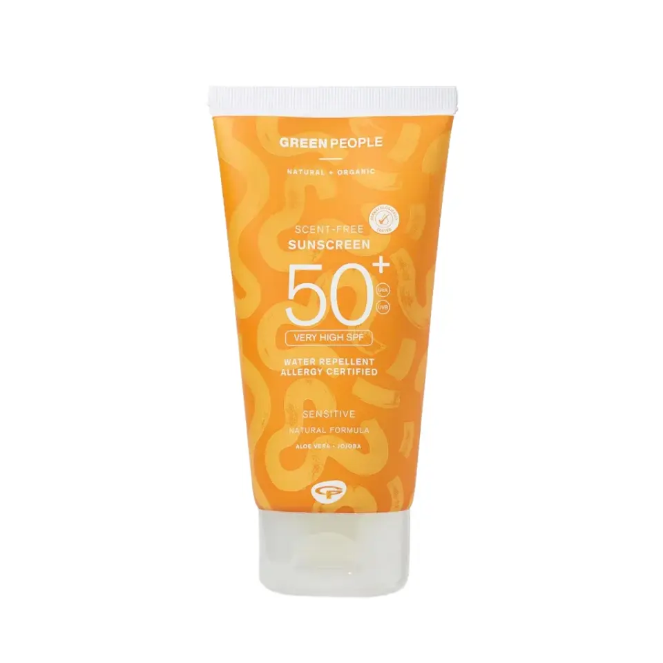 Orange tube of scent-free SPF 50+ sunscreen, water repellent, allergy certified.