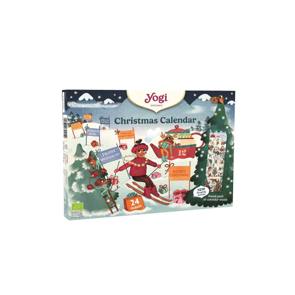 Yogi Organic Christmas Calendar with skier, trees, and 24 tea bags.