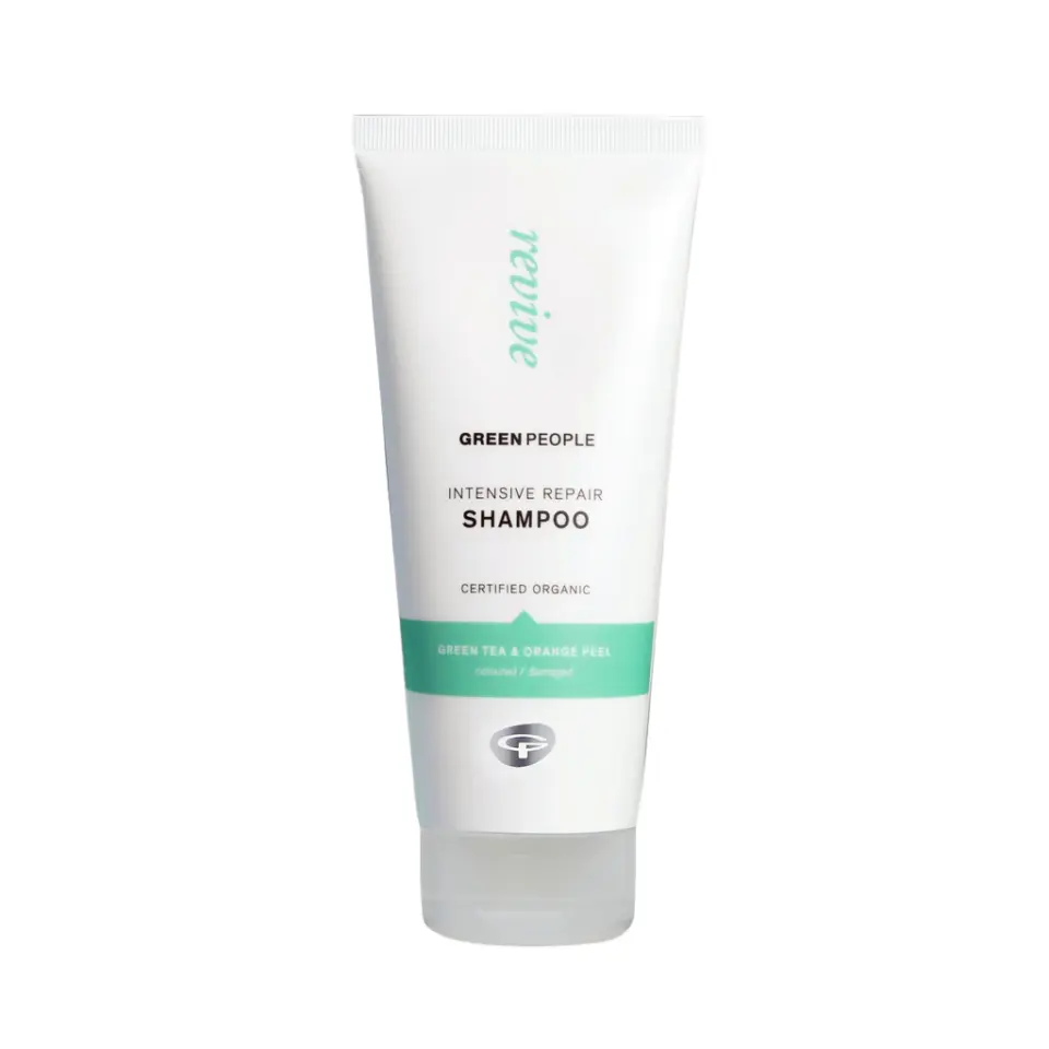 Green People Intensive Repair Shampoo tube, certified organic, green tea and orange peel.