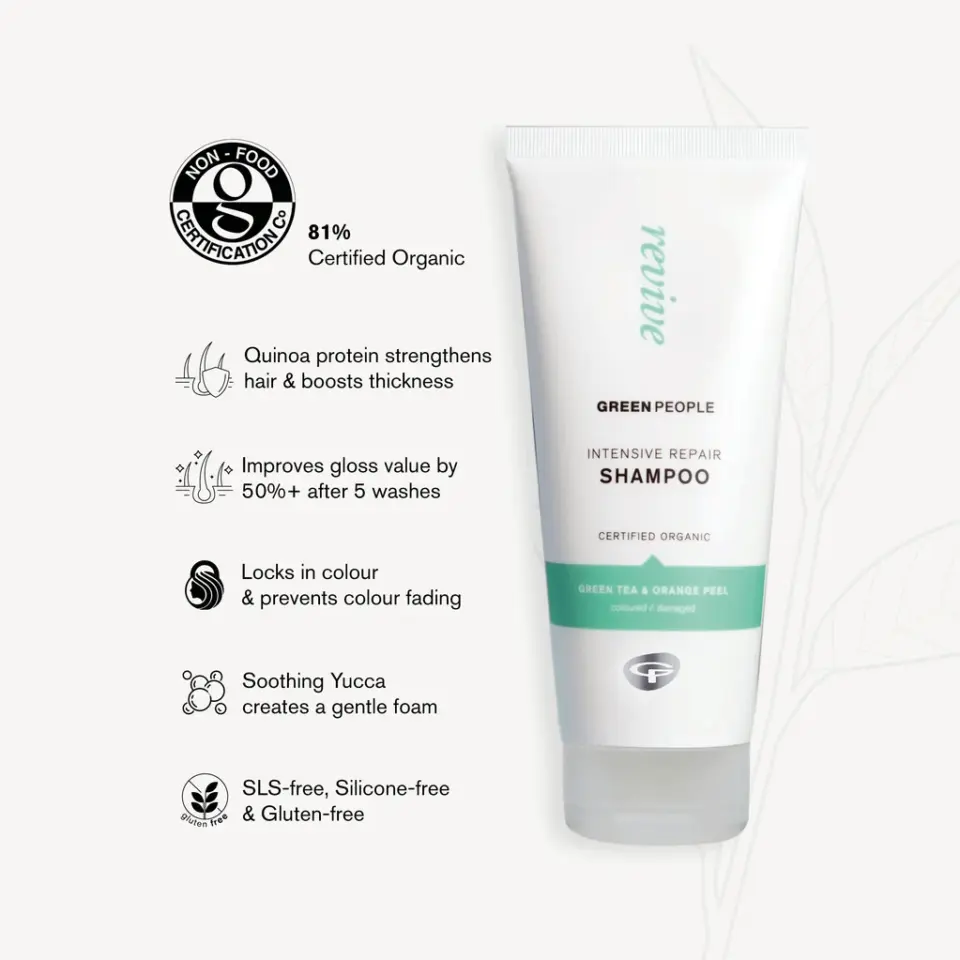 Green People Intensive Repair Shampoo with quinoa protein, 81% certified organic, SLS-free.