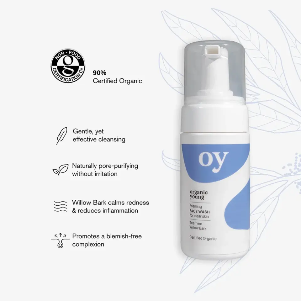 Foaming face wash bottle with text: 90% Certified Organic, gentle cleansing, reduces inflammation.